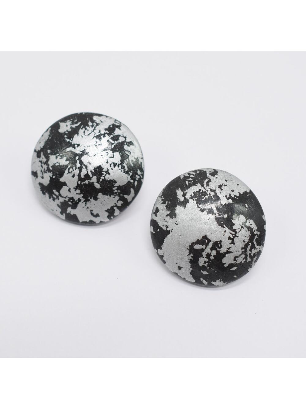 Vintage 80s Abstract Black Silver Round Statement Stud Earrings Alt Grunge Mod
